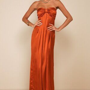 Lulus Memorable Entrance Rust Orange Strapless Satin Maxi Dress - Size XS